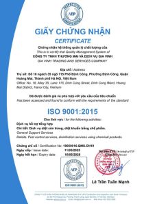 Chứng nhận công ty diệt mối đạt chuẩn ISO 9001:2015